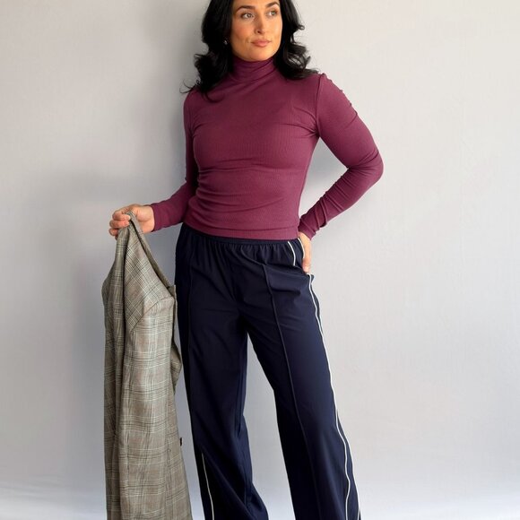 Women’s Plum Ribbed Turtleneck Top – Long Sleeve Stretch Layering Tee - Picture 5 of 8